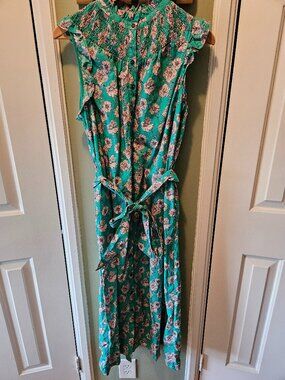 Boden Jane Smocked Midi Dress US 12 Green Floral Shirtdress Cotton Spring Summer